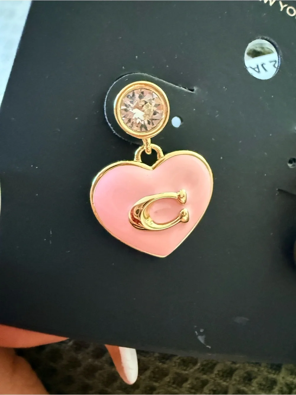 COACH Pink Heart Drop Earrings with Gold 'C' Emblem and Pink Crystal Studs